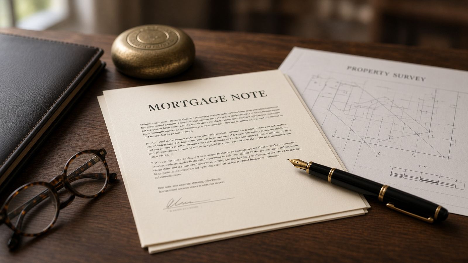 Mortgage documents, a property survey, and a fountain pen on a walnut desk