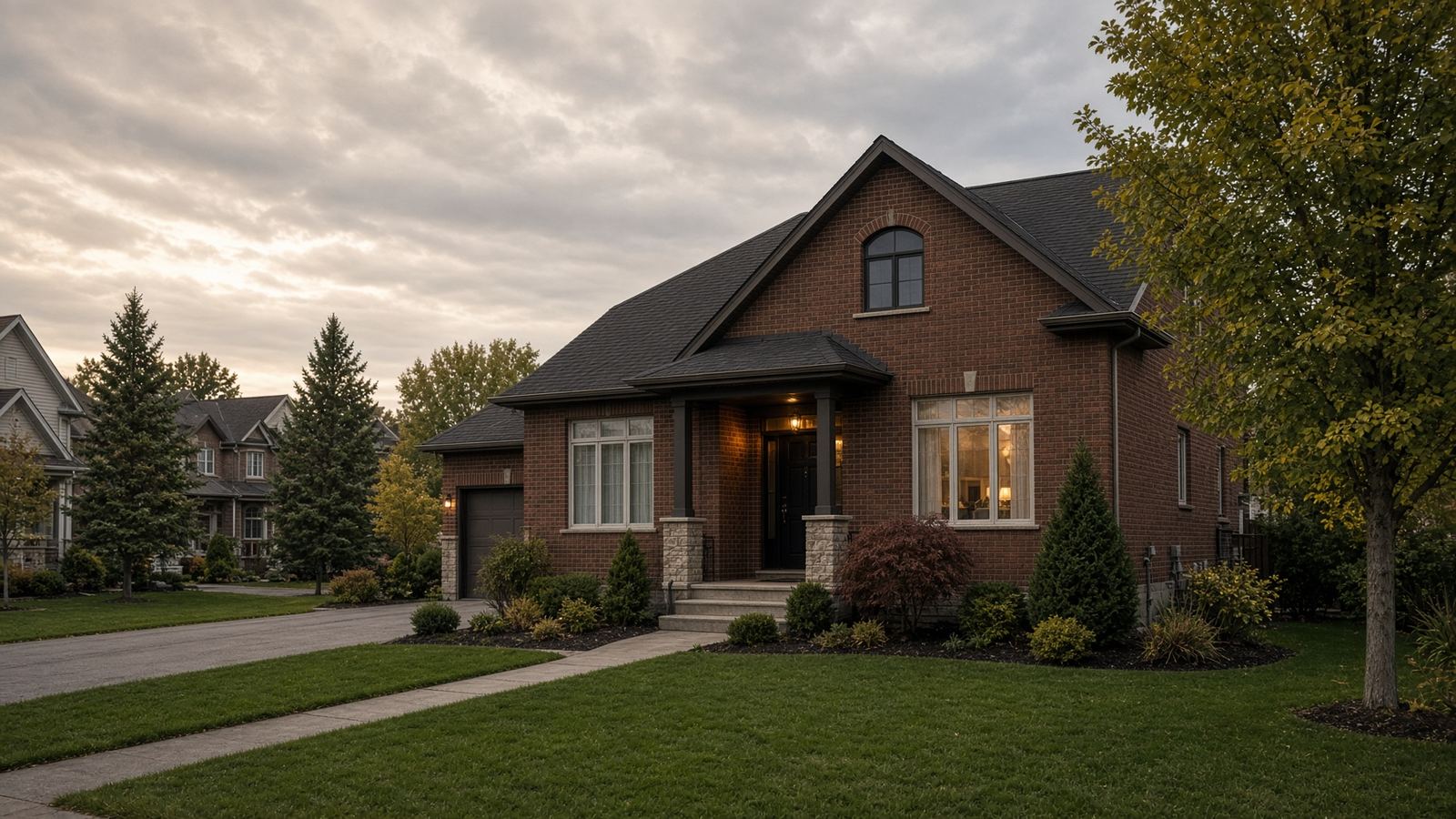 A brick family home on a quiet Mississauga street in late afternoon light