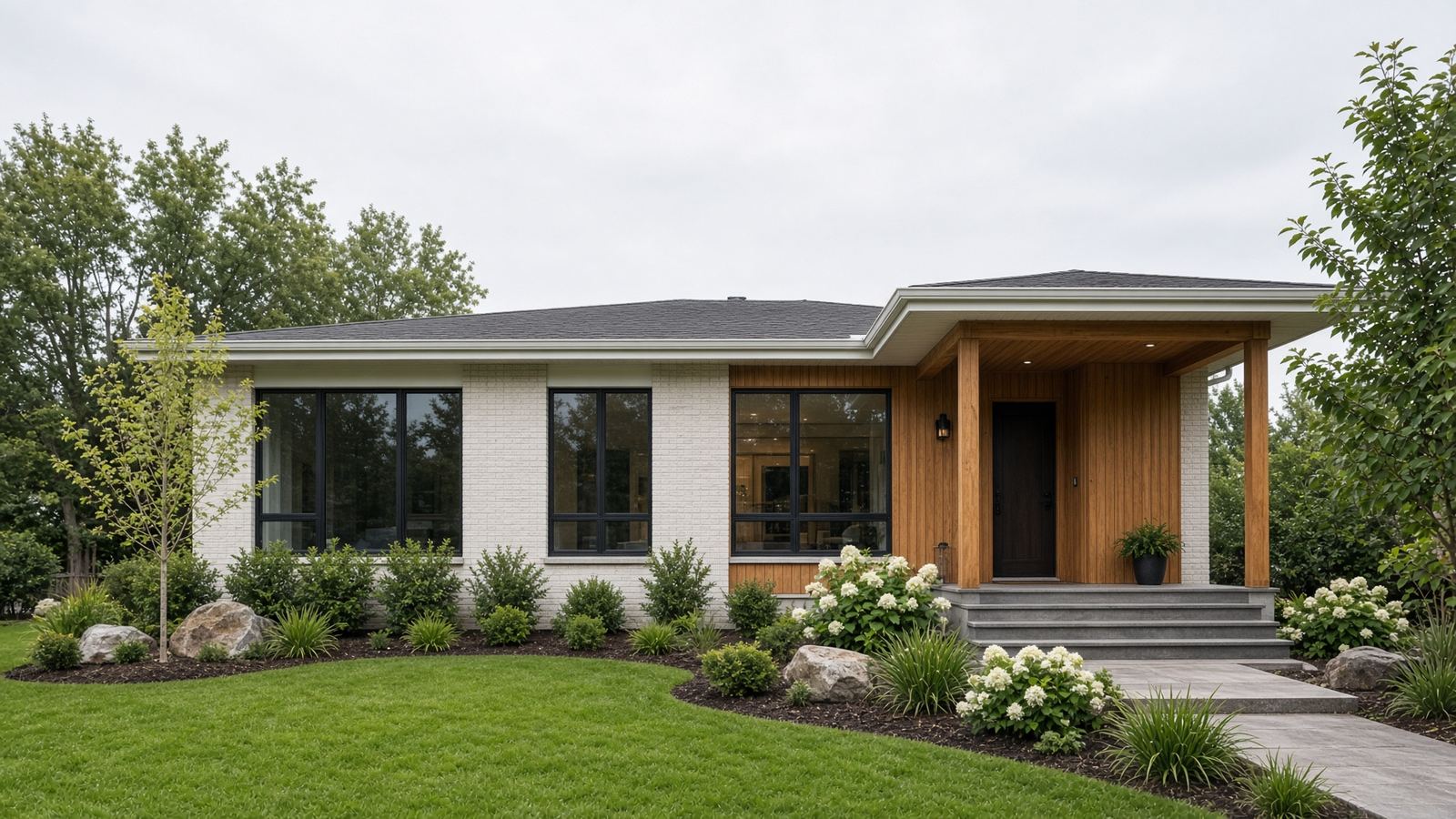 A renovated bungalow in Mississauga with a new cedar porch and fresh landscaping
