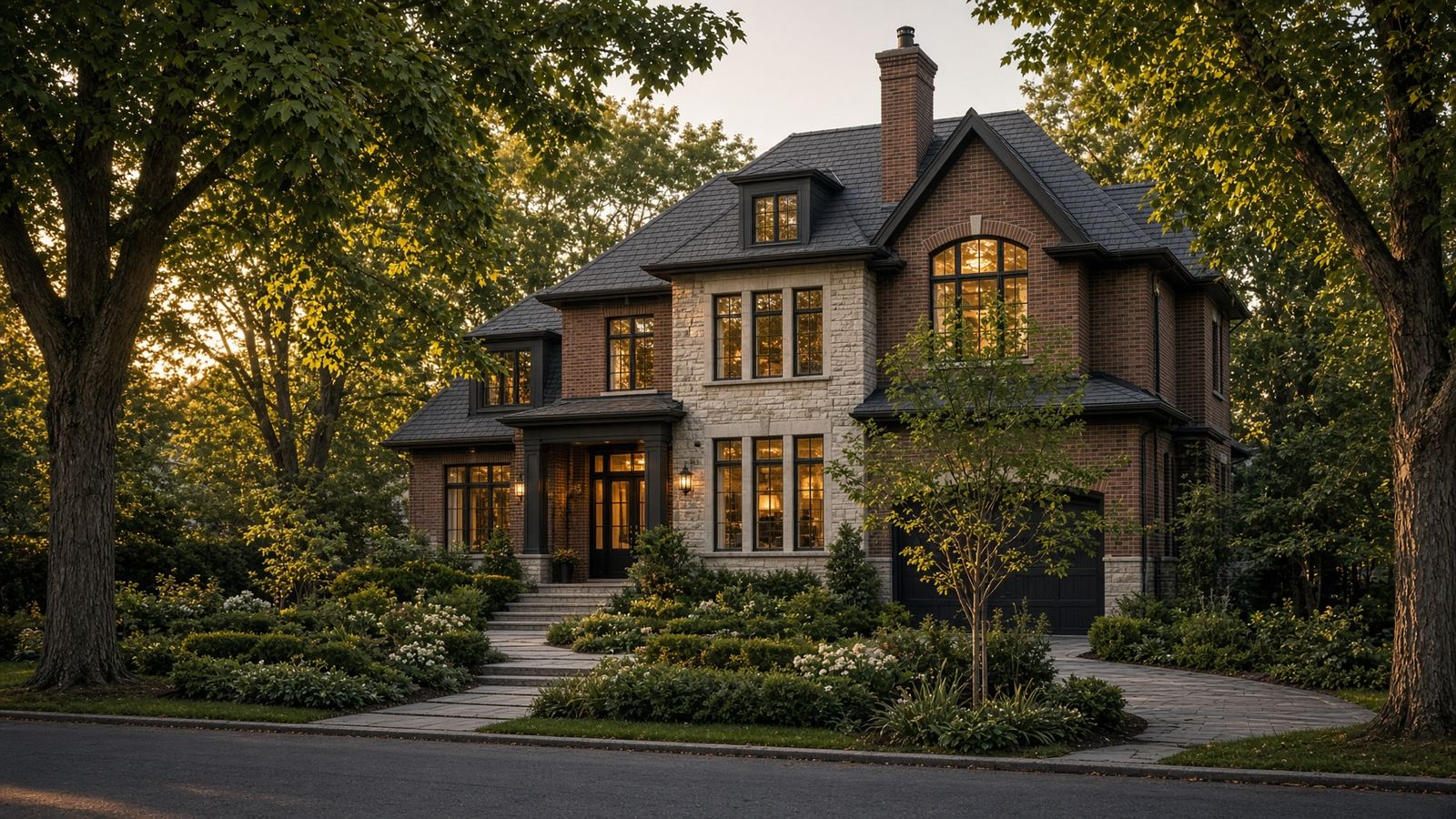 A brick and limestone Mississauga home at golden hour on a quiet tree-lined street
