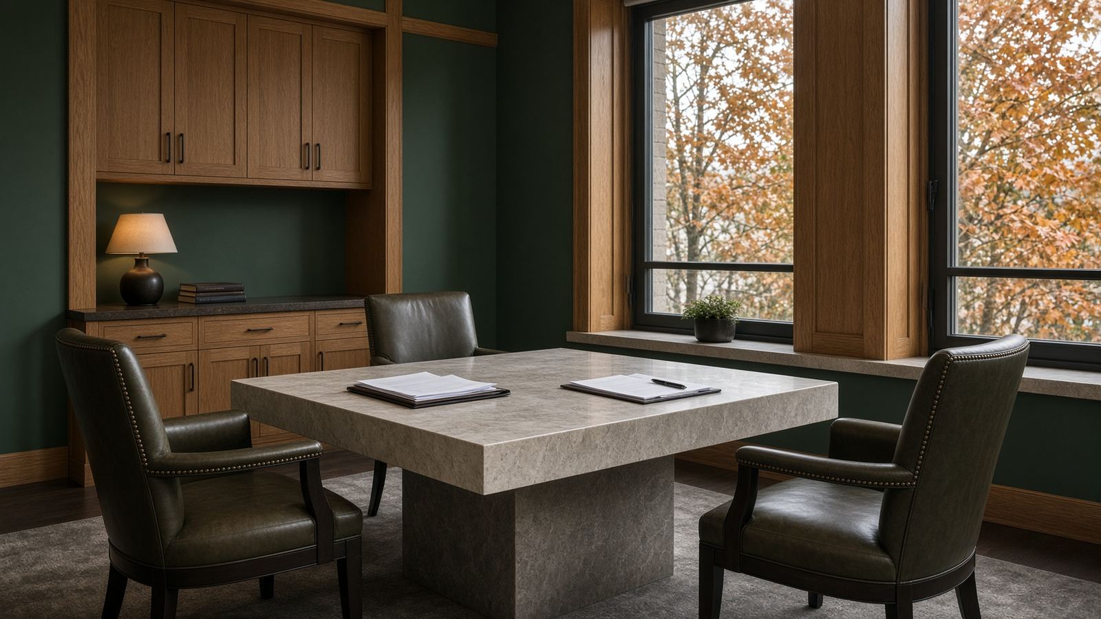 A private lending office with leather chairs, stone table, and maple trees outside